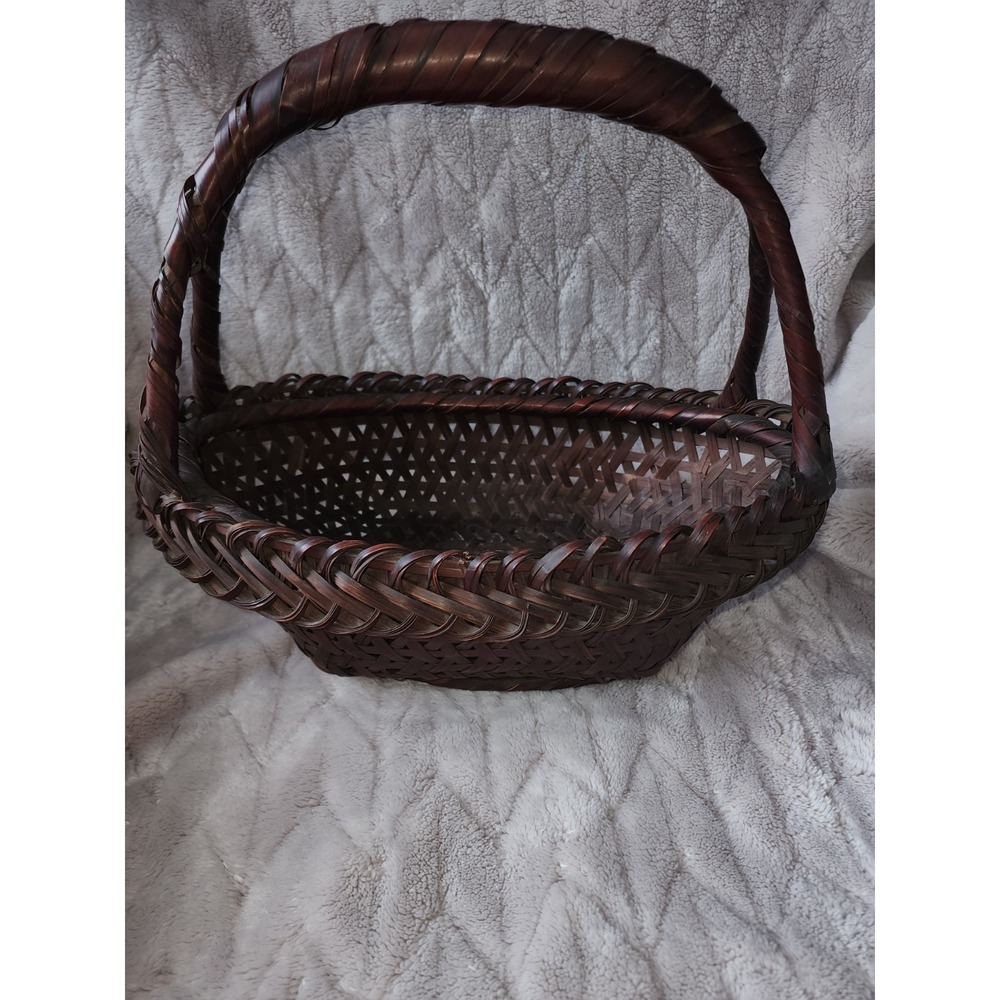 Vintage Woven Reed Bamboo Basket Round 13" Decorative Storage Handle Brown